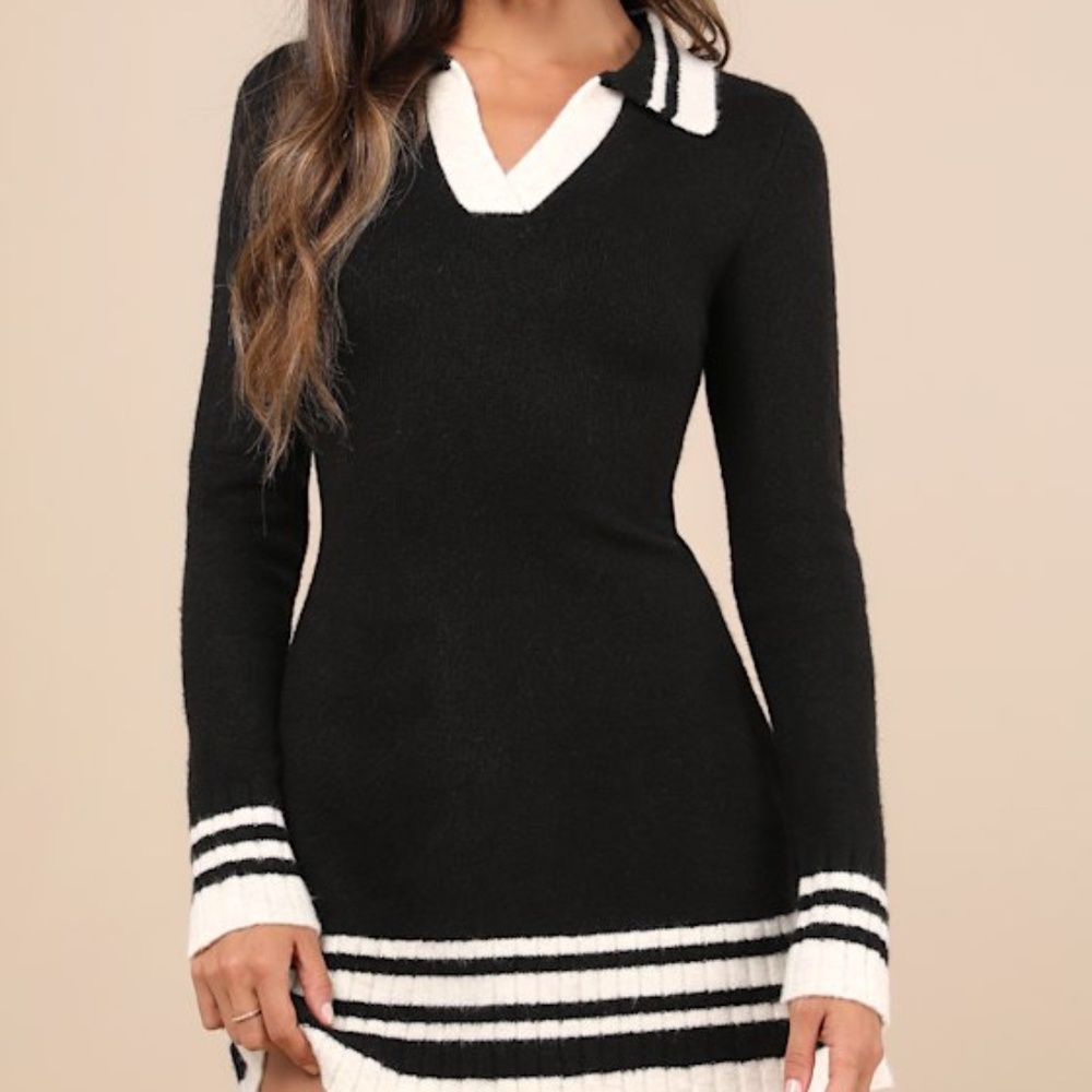 Lulus Soft Serenity Black And Ivory Collared Sweater Mini Dress - Size XL